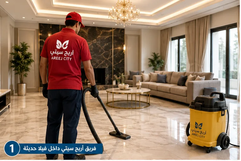 شركة تنظيف فلل بالرياض أثناء تنظيف صالة داخل فيلا